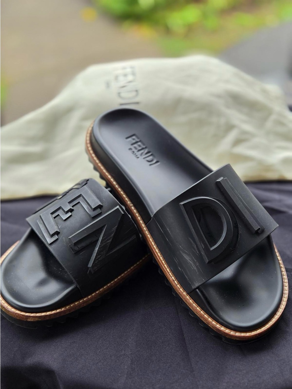 Fendi Black Embossed Logo Slides